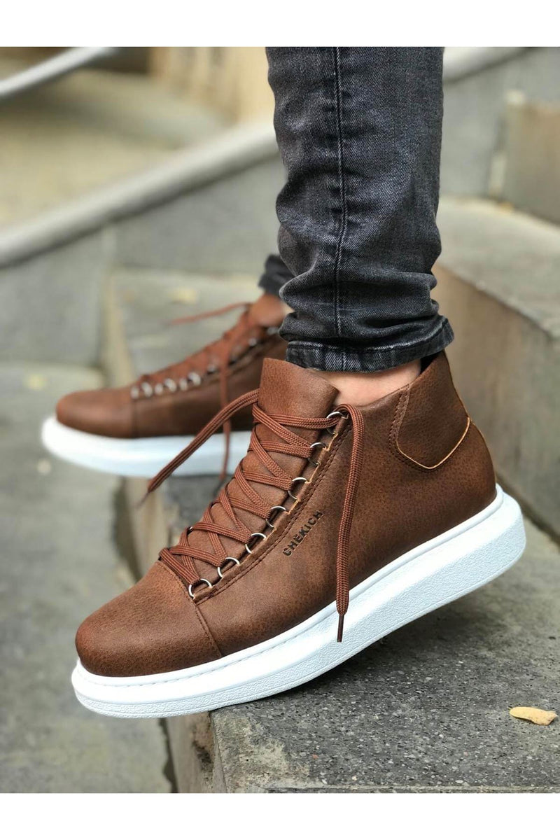 CH258 Men's Brown-White Sole Metal Slug Lace-up High Sole Casual Sneaker Sports Boots - STREETMODE™