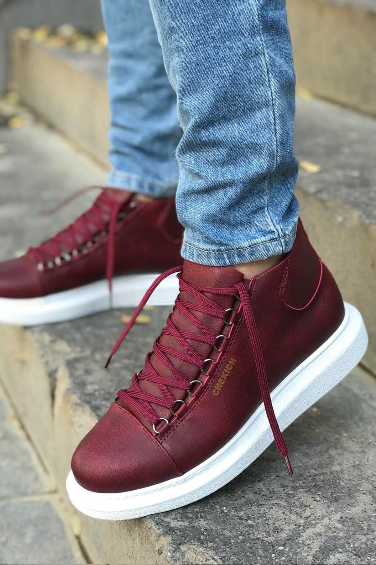 CH258 Men's Burgundy-White Sole Metal Slug Lace-up High Sole Casual Sneaker Sports Boots - STREETMODE™