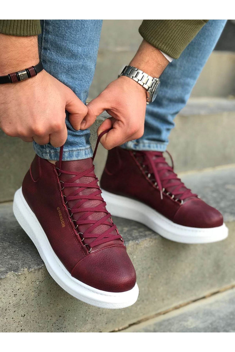 CH258 Men's Burgundy-White Sole Metal Slug Lace-up High Sole Casual Sneaker Sports Boots - STREETMODE™
