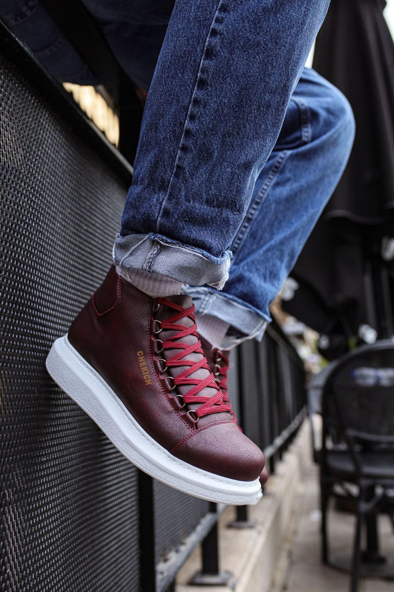 CH258 Men's Burgundy-White Sole Metal Slug Lace-up High Sole Casual Sneaker Sports Boots - STREETMODE™