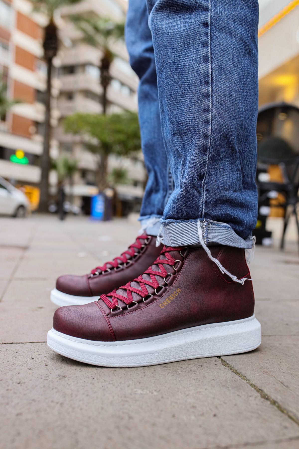 CH258 Men's Burgundy-White Sole Metal Slug Lace-up High Sole Casual Sneaker Sports Boots - STREETMODE™