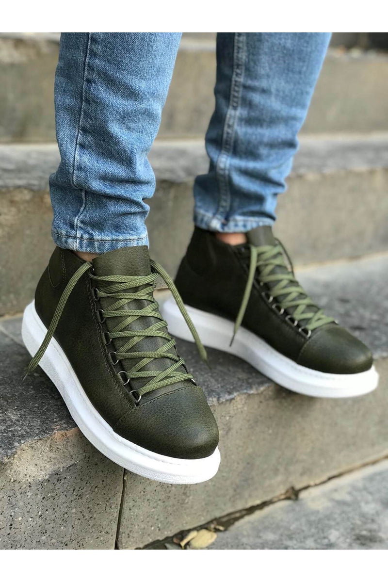 CH258 Men's Khaki-White Sole Metal Slug Lace-up High Sole Casual Sneaker Sports Boots - STREETMODE™