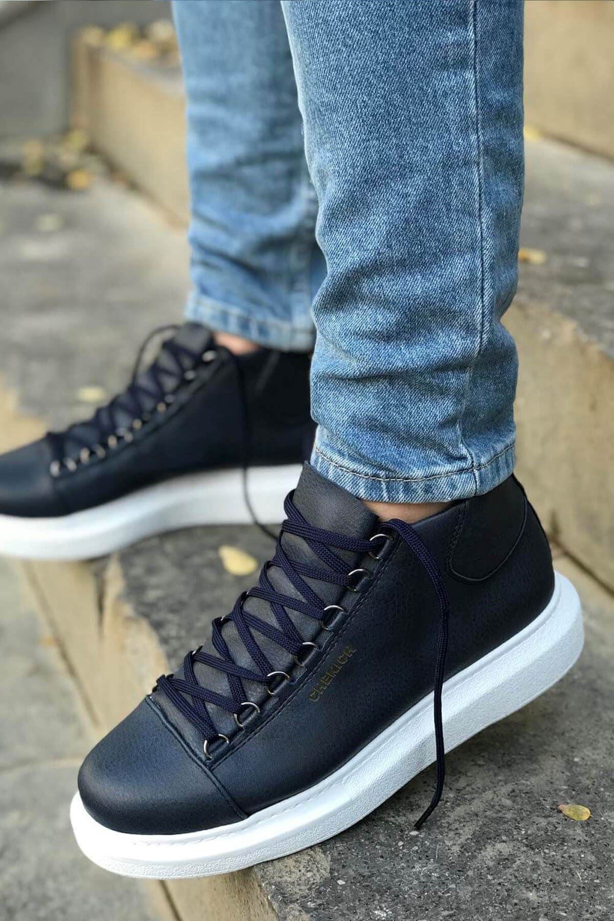 CH258 Men's Navy Blue-White Sole Metal Slug Lace-up High Sole Casual Sneaker Sports Boots - STREETMODE™