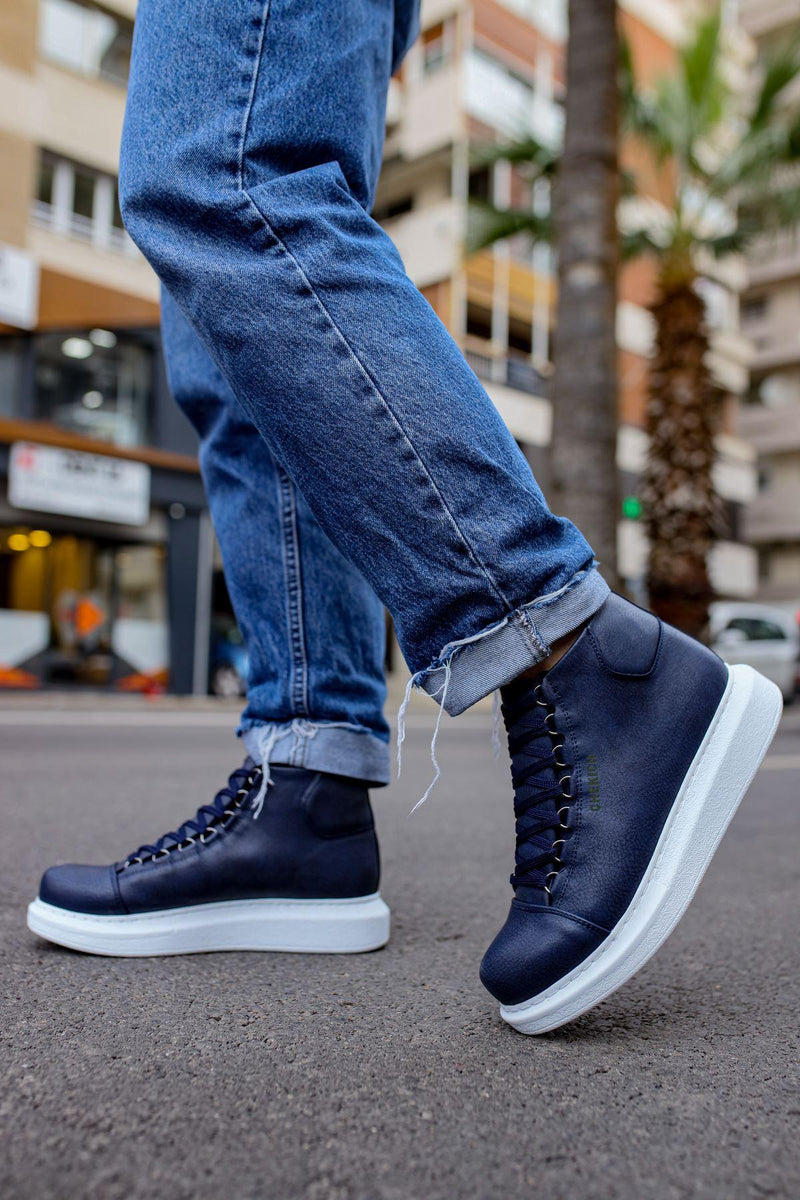 CH258 Men's Navy Blue-White Sole Metal Slug Lace-up High Sole Casual Sneaker Sports Boots - STREETMODE™