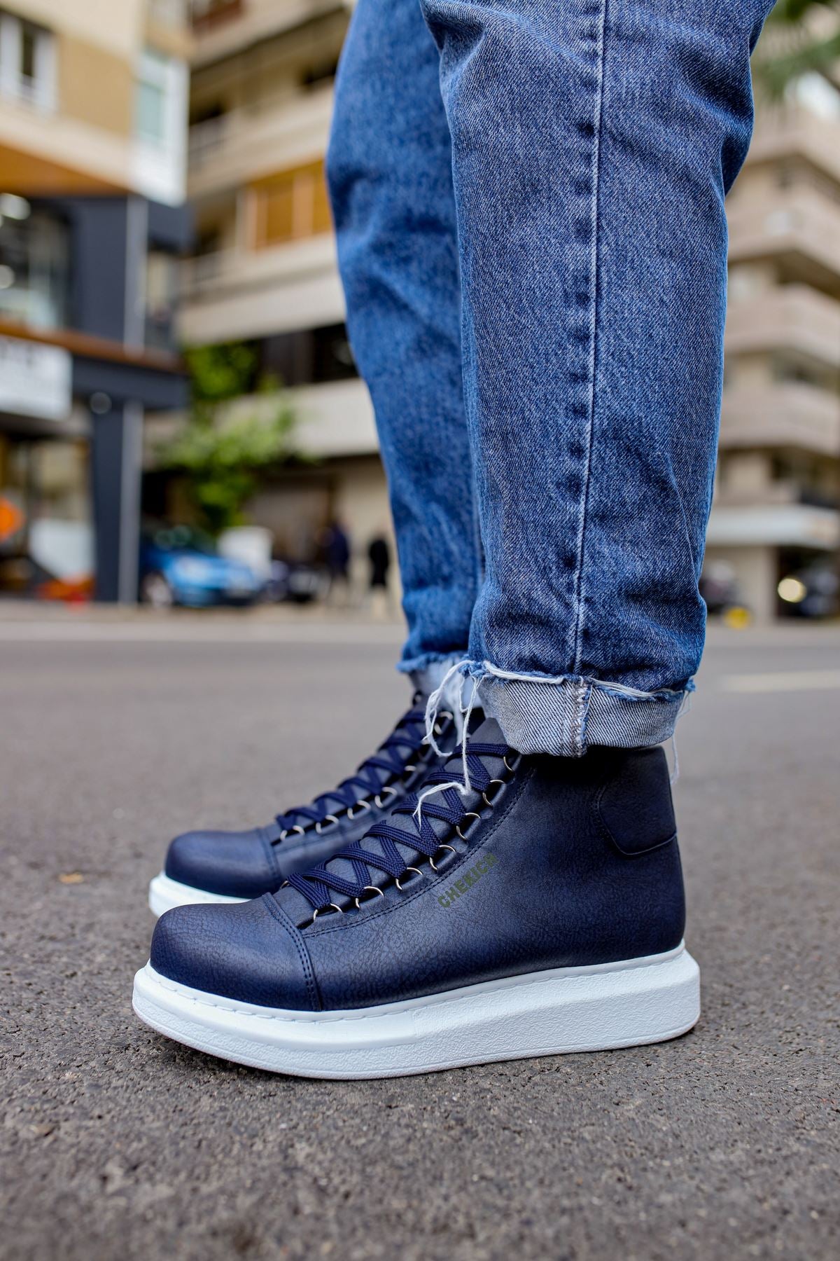 CH258 Men's Navy Blue-White Sole Metal Slug Lace-up High Sole Casual Sneaker Sports Boots - STREETMODE™