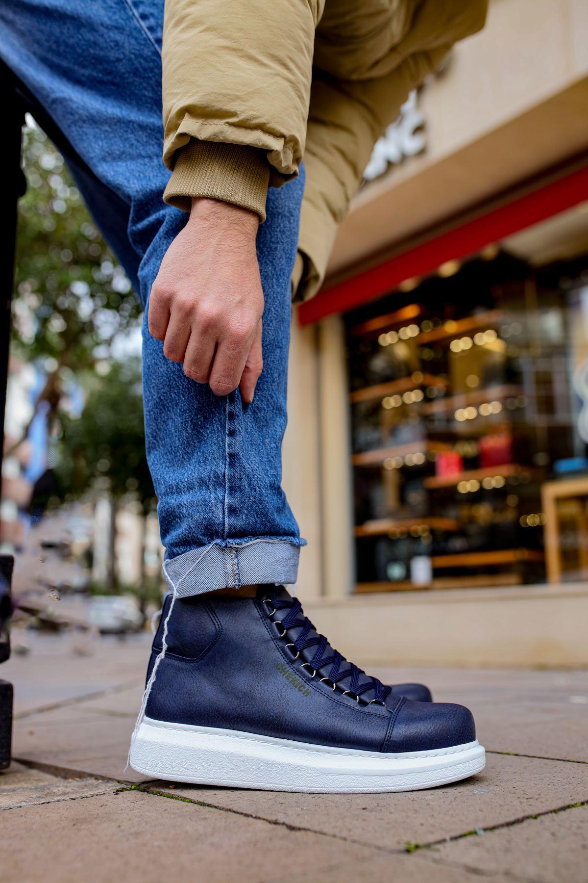 CH258 Men's Navy Blue-White Sole Metal Slug Lace-up High Sole Casual Sneaker Sports Boots - STREETMODE™