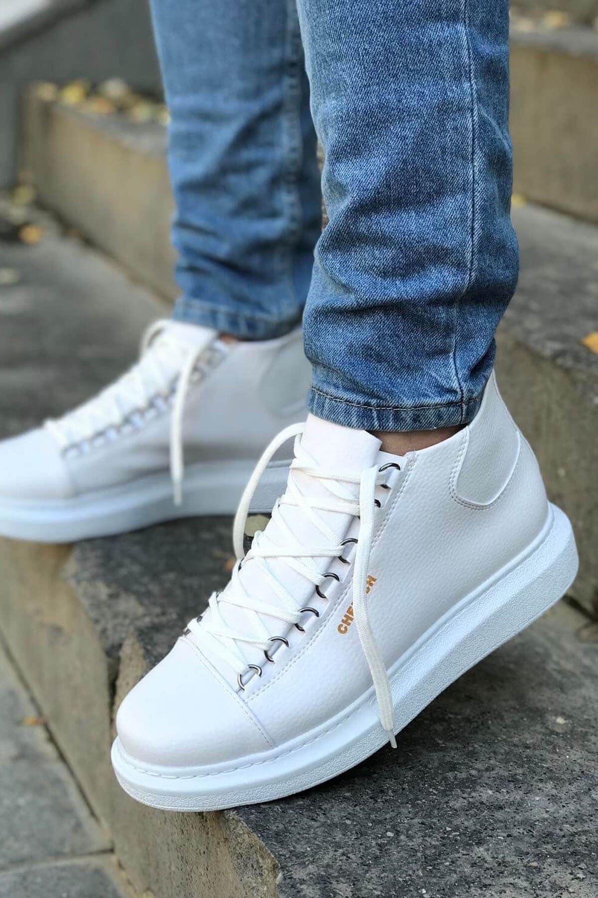 CH258 Men's White Metal Slug Lace-up High Sole Casual Sneaker Sports Boots - STREETMODE™