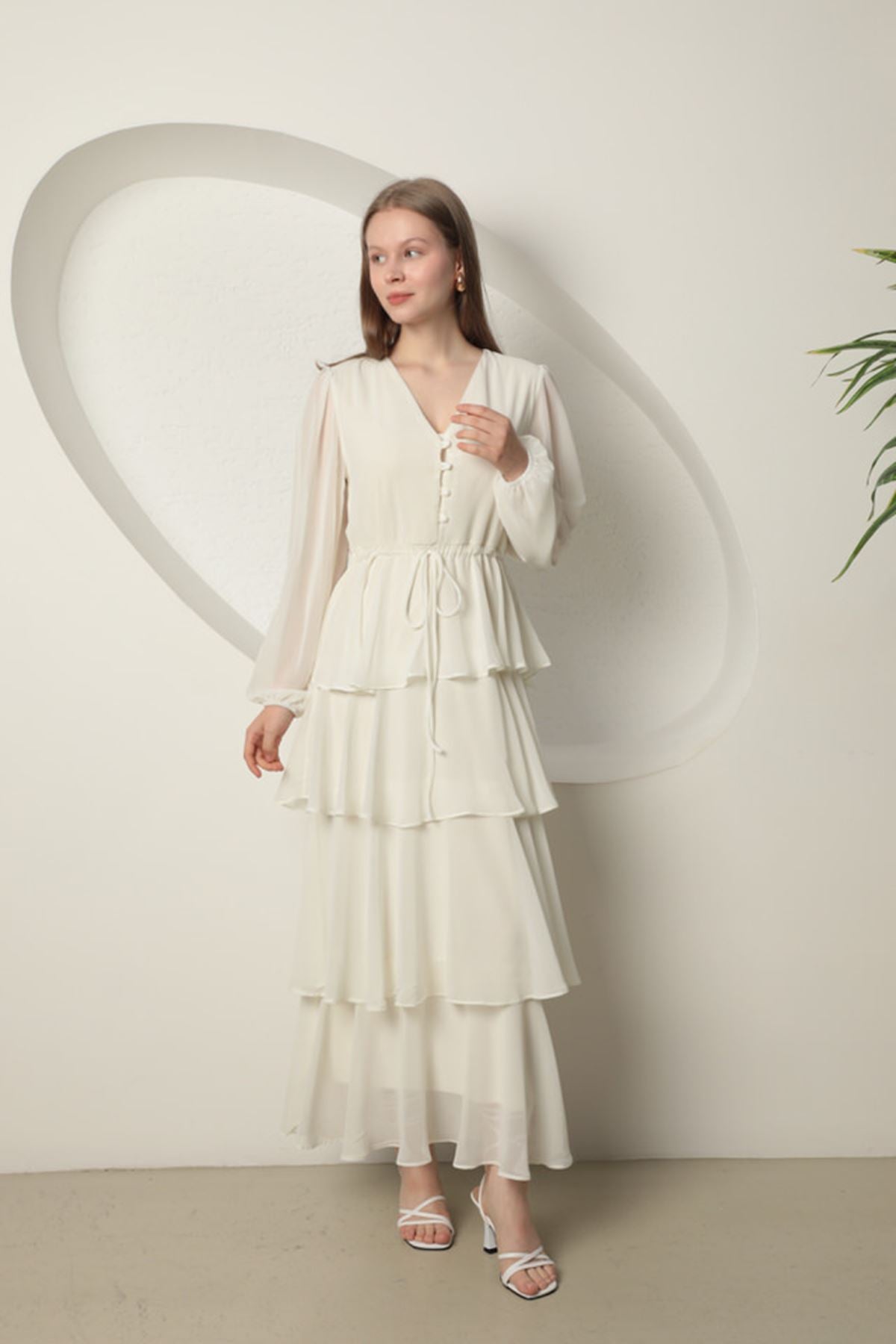 Chiffon Fabric Layered Women's Dress-Ecru - STREETMODE™