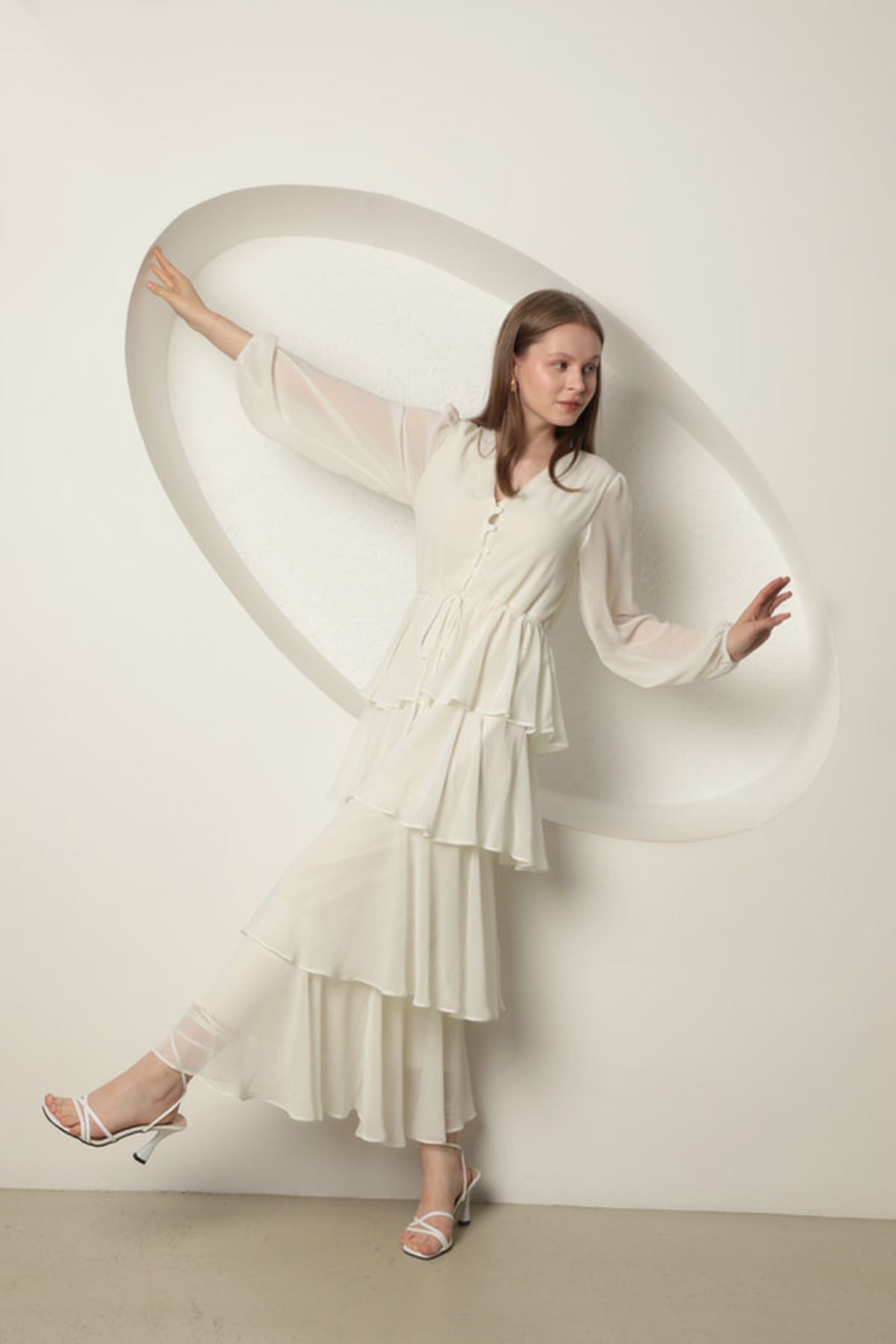 Chiffon Fabric Layered Women's Dress-Ecru - STREETMODE™