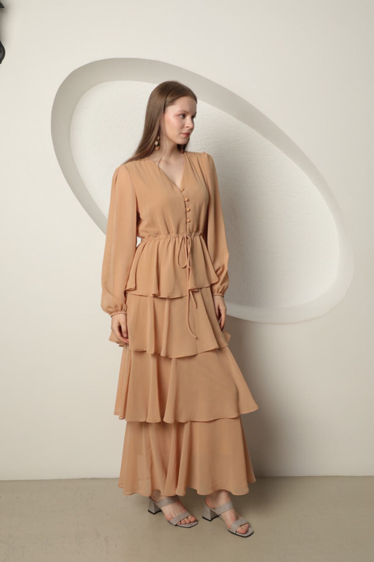 Chiffon Fabric Layered Women's Dress-Tan - STREETMODE™