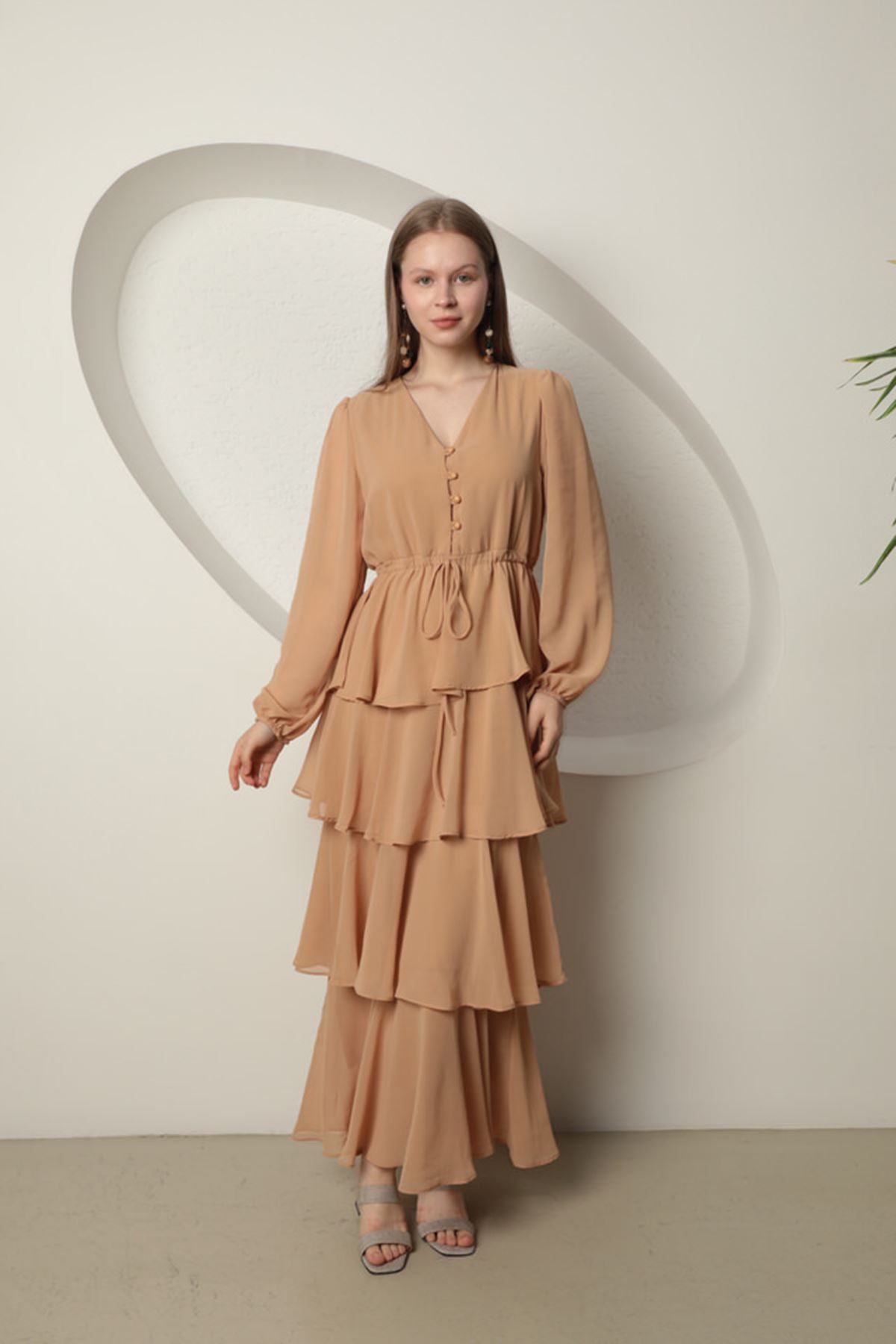 Chiffon Fabric Layered Women's Dress-Tan - STREETMODE™