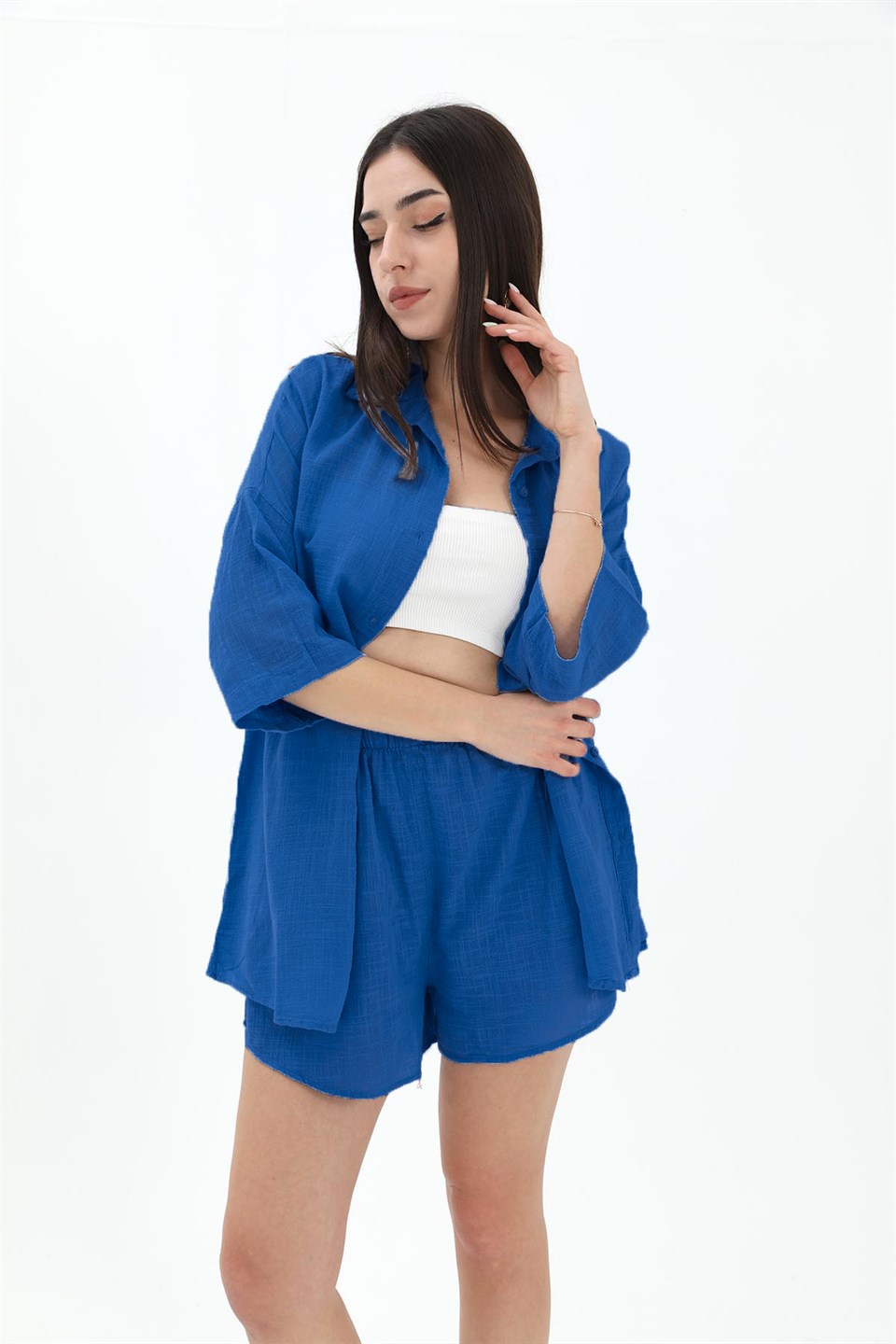 Cotton Linen Shorts Shirt Women's Double Suit - SaksBlue - STREETMODE™