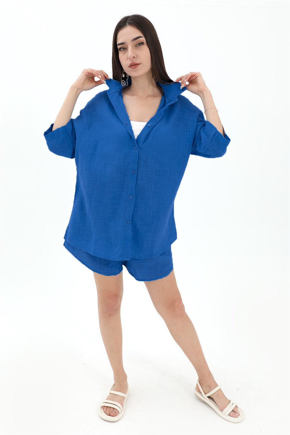 Cotton Linen Shorts Shirt Women's Double Suit - SaksBlue - STREETMODE™