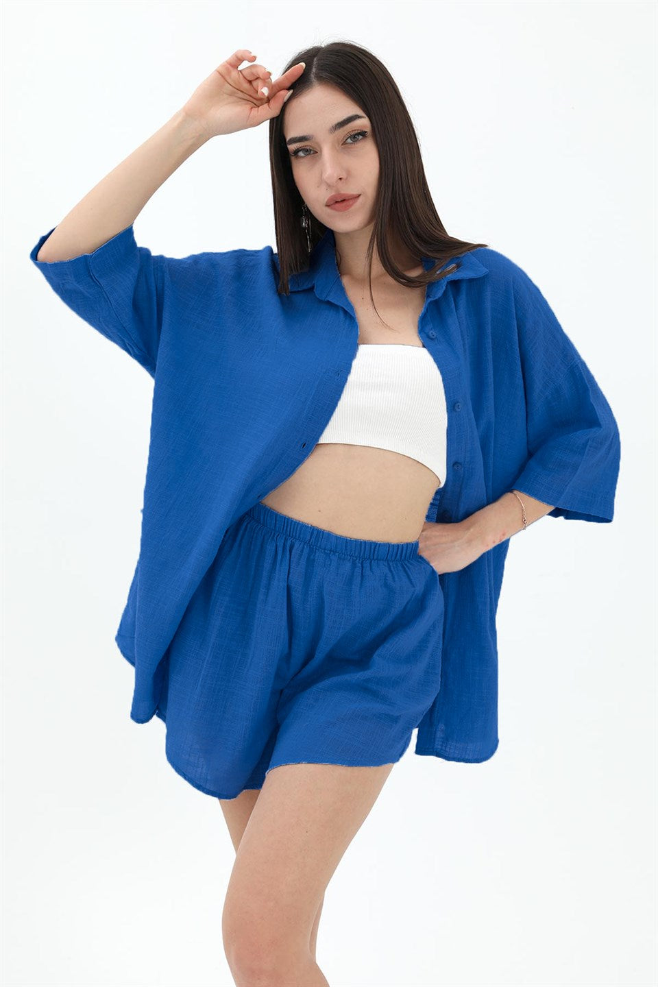 Cotton Linen Shorts Shirt Women's Double Suit - SaksBlue - STREETMODE™