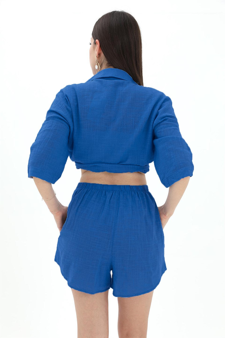 Cotton Linen Shorts Shirt Women's Double Suit - SaksBlue - STREETMODE™