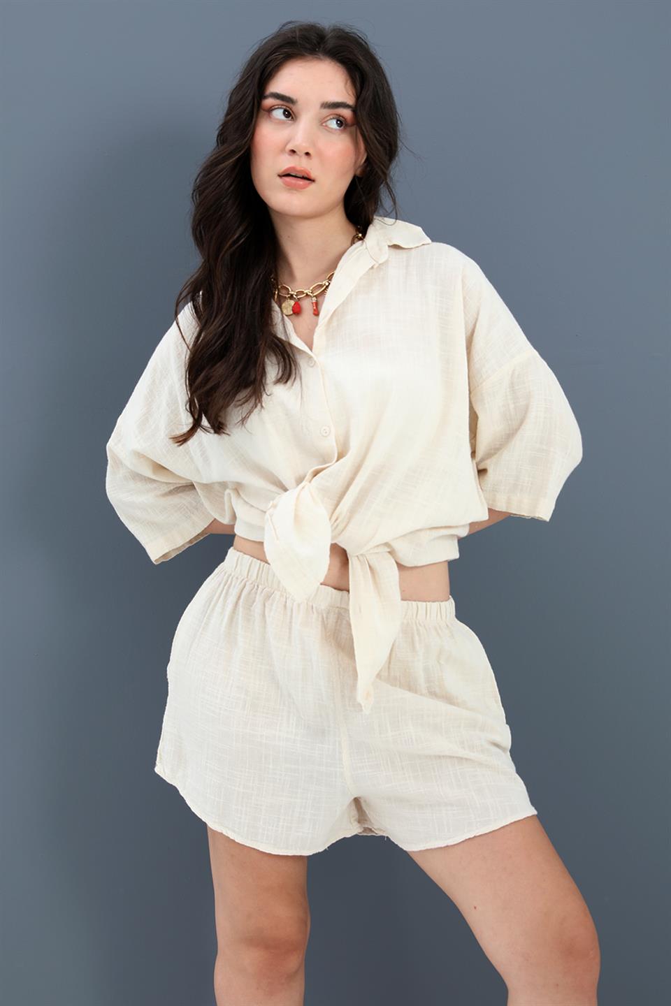 Cotton Linen Shorts Shirt Women's Double Suit - Stone - STREETMODE™