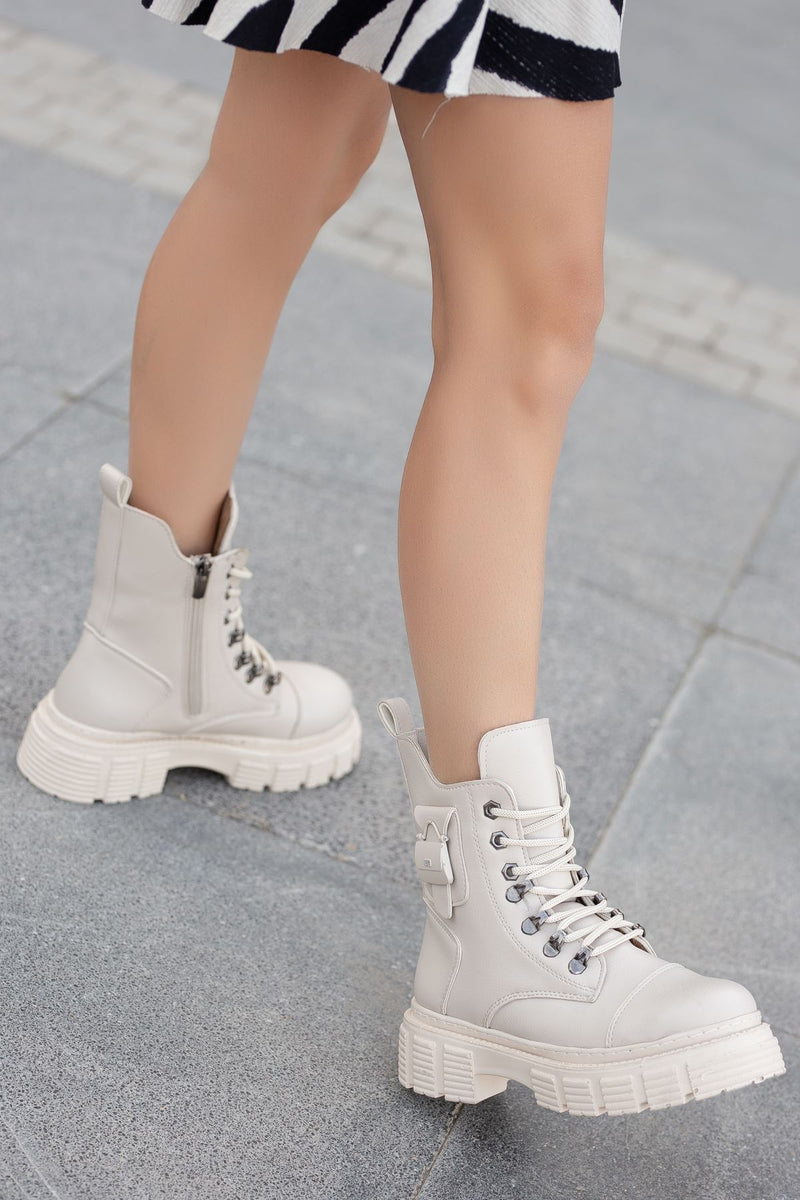 Cream Leather Bag Detailed Women's Lace-Up Boots - STREETMODE™