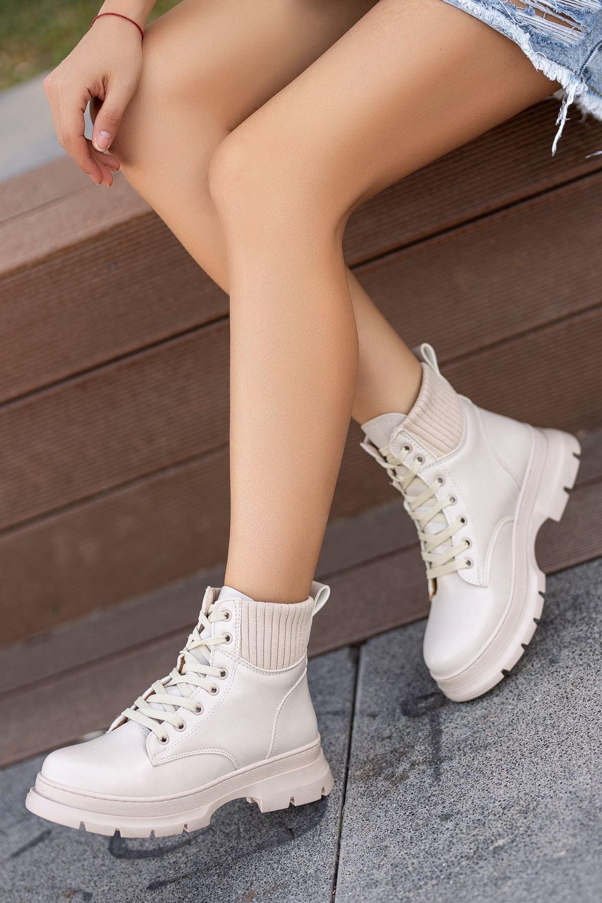 Cream Leather Lace Detail Women's Boots - STREETMODE™