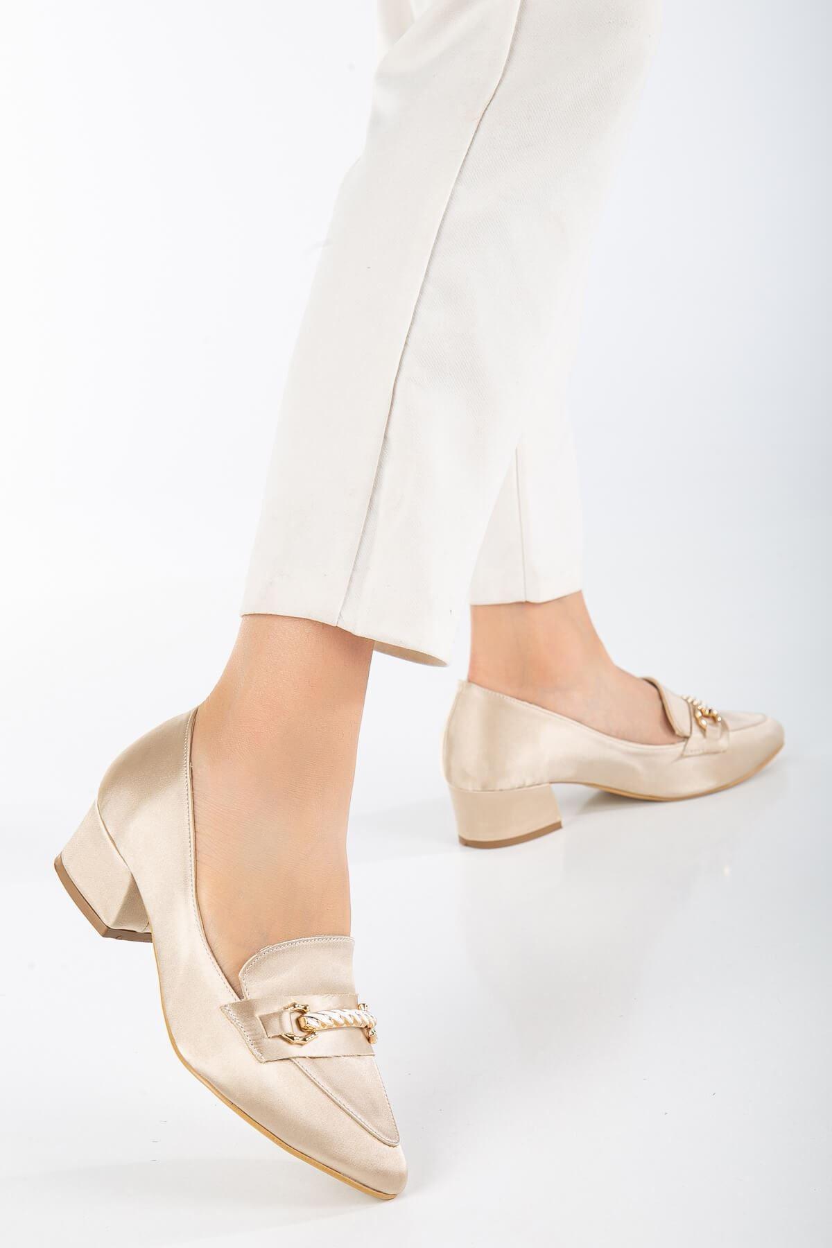 Cream Satin Buckle Detailed Women's Low Heeled Shoes - STREETMODE™