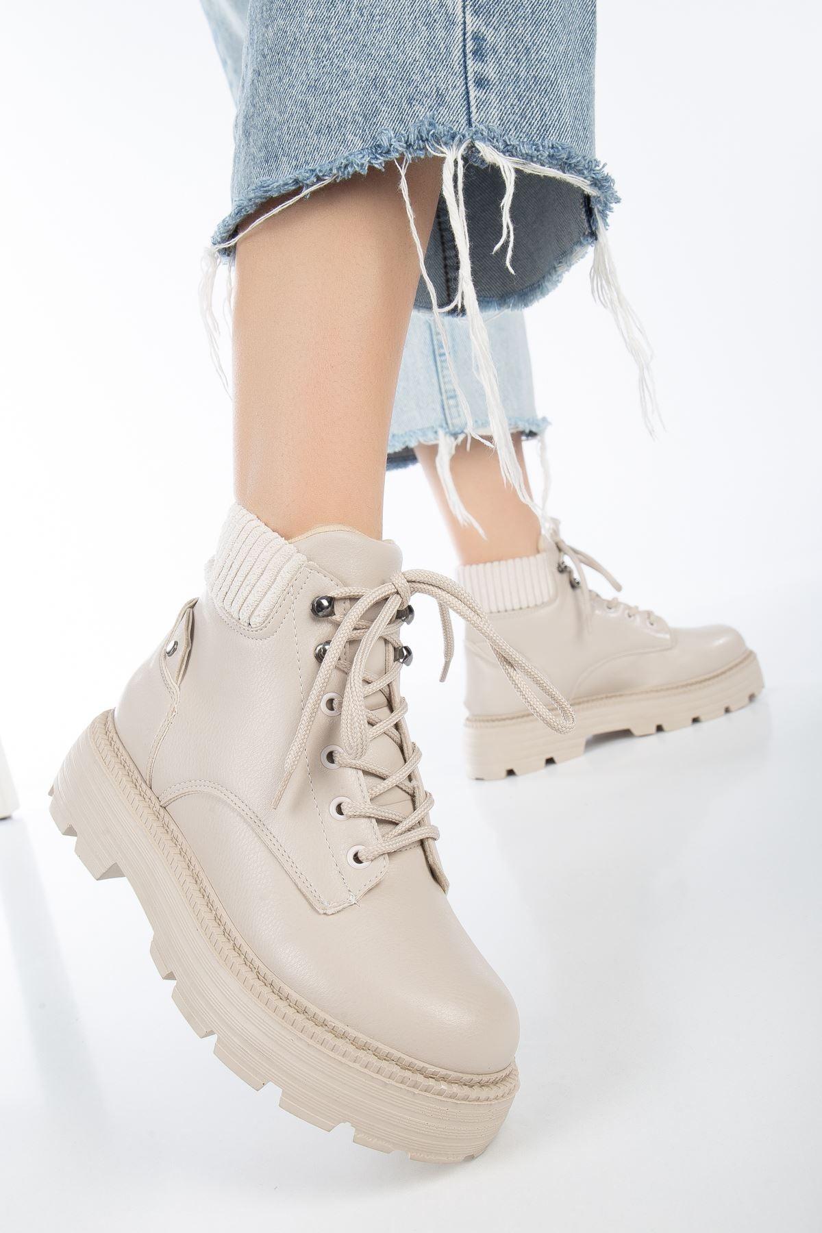 Cream Skin Cat Lace Detail Women's Boots - STREETMODE™