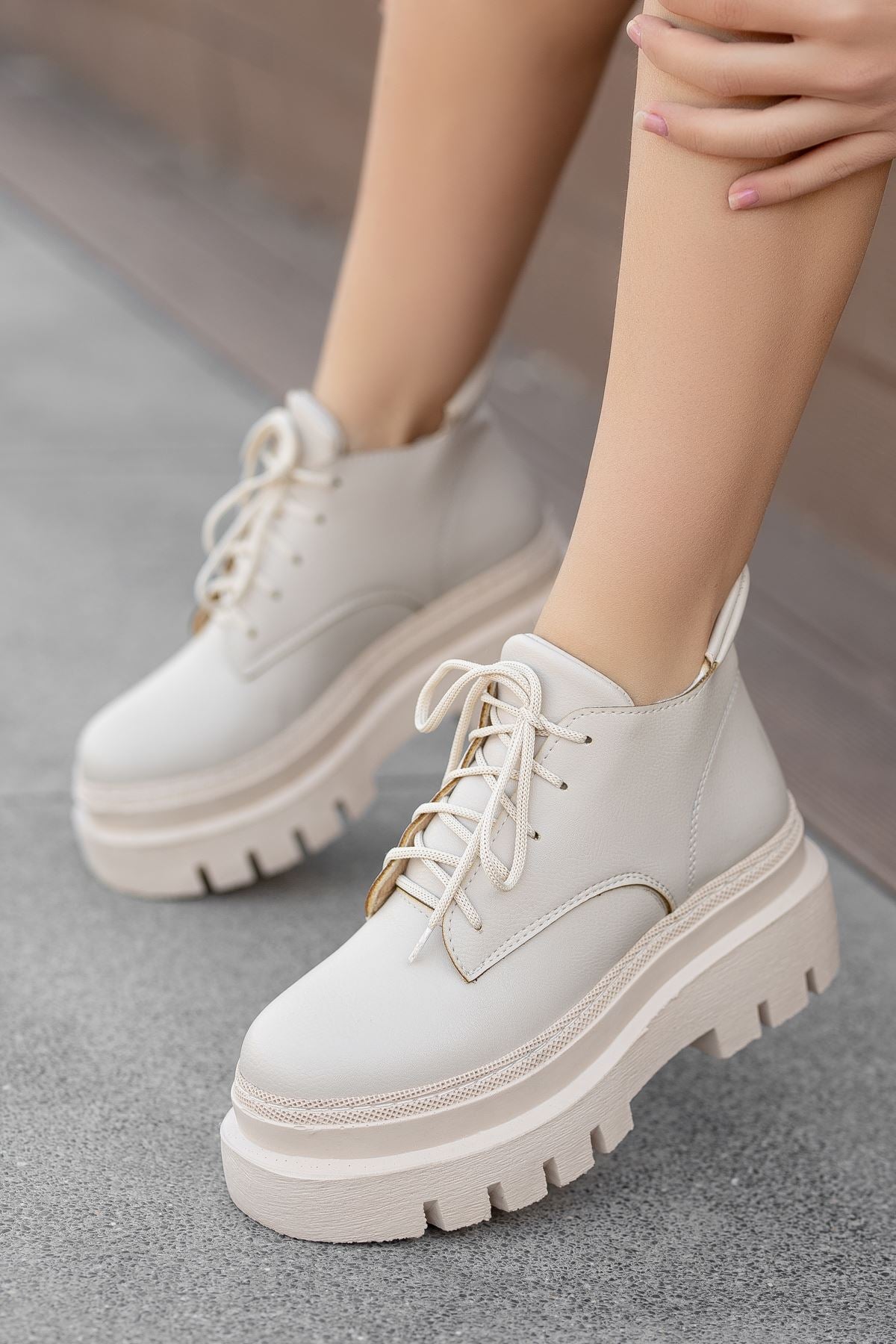 Cream Skin High Heel Detailed Lace-Up Women's Boots - STREETMODE™