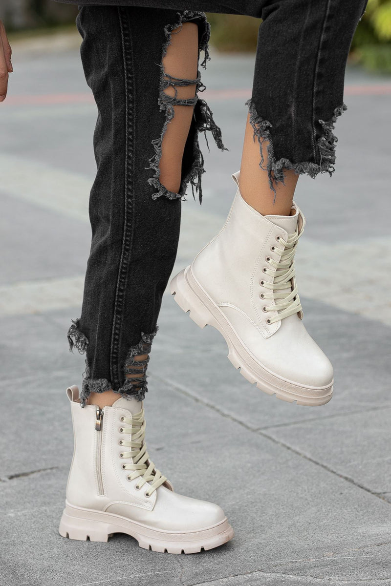 Cream Skin Long Lace Detail Women's Boots - STREETMODE™