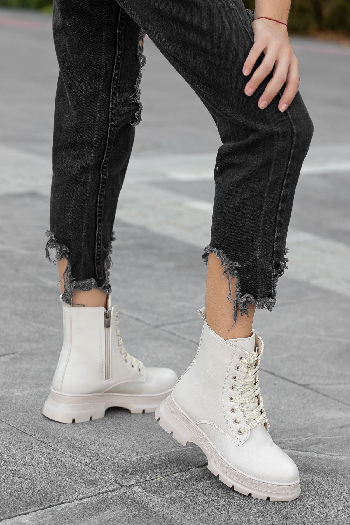 Cream Skin Long Lace Detail Women's Boots - STREETMODE™