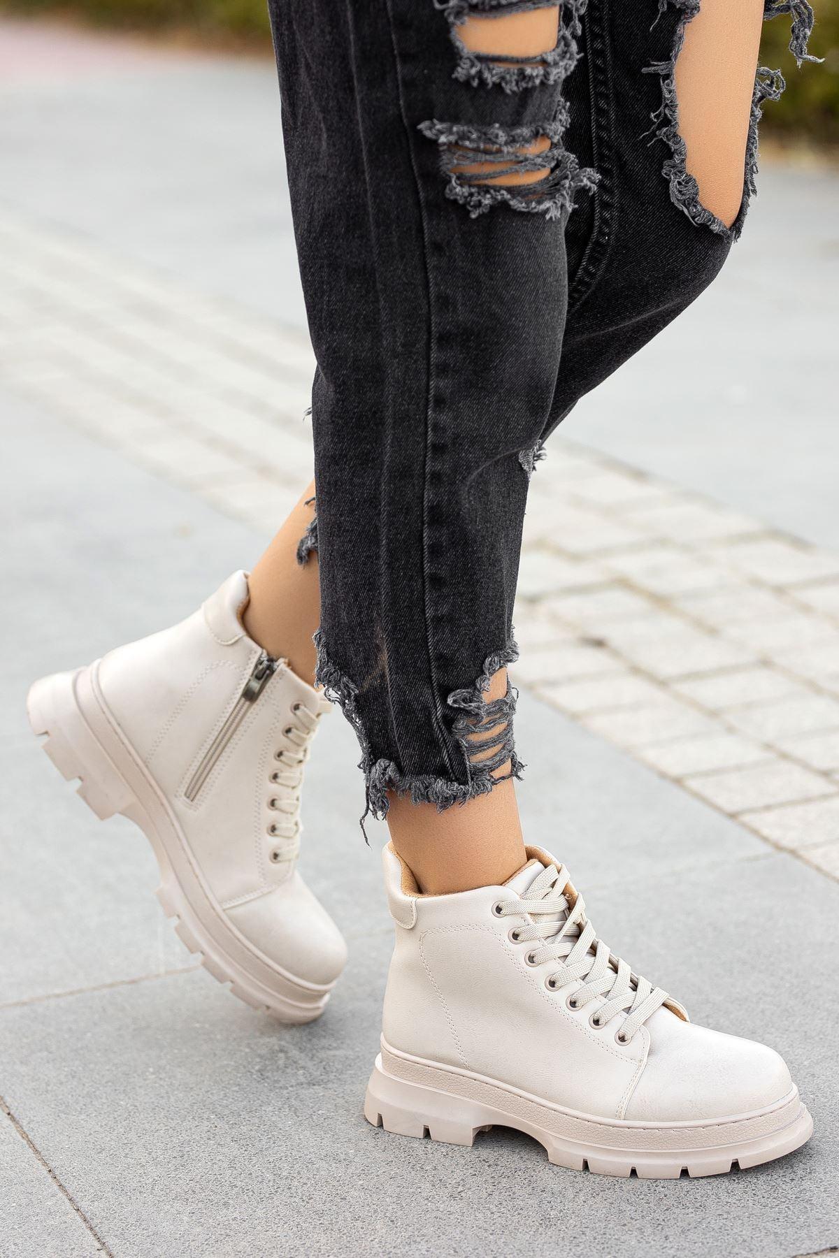 Cream Skin Short Lace Detail Women's Boots - STREETMODE™