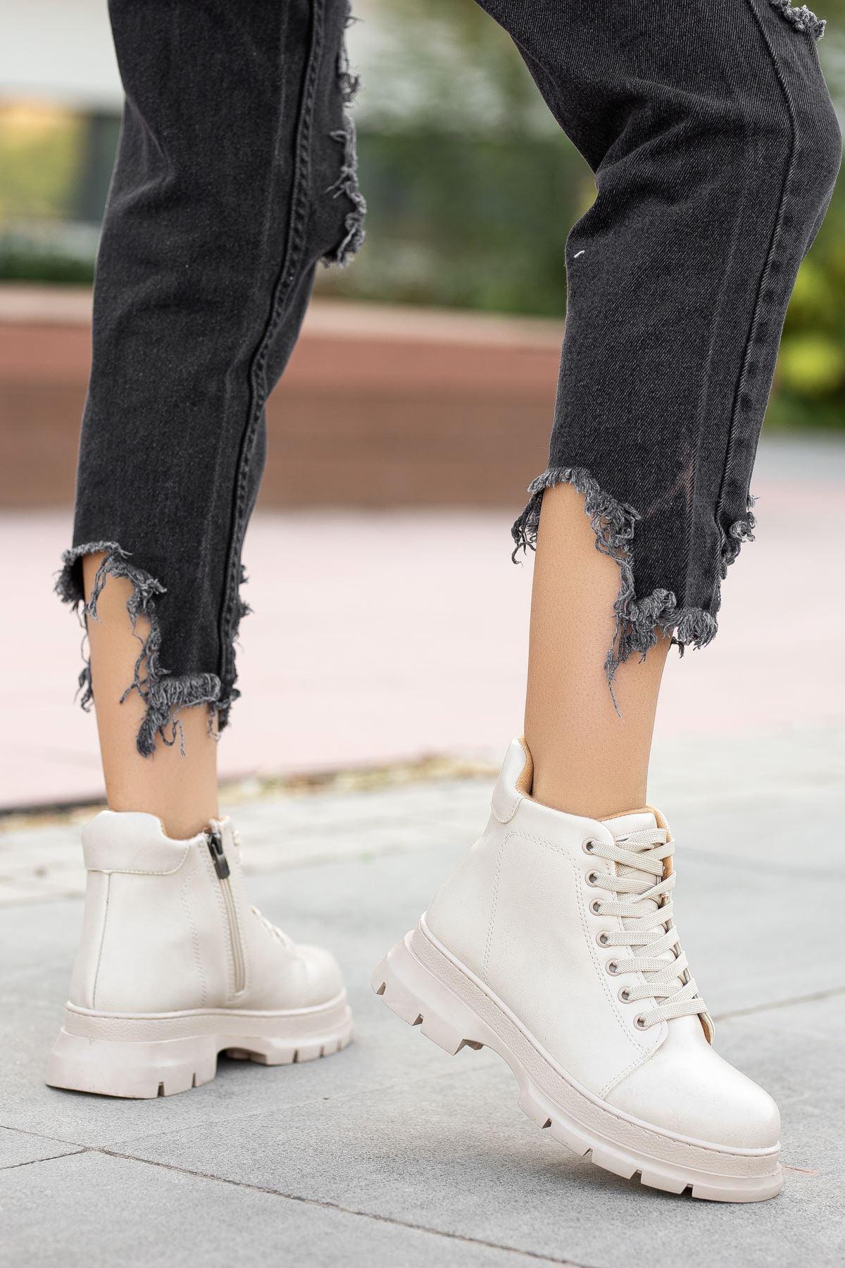 Cream Skin Short Lace Detail Women's Boots - STREETMODE™