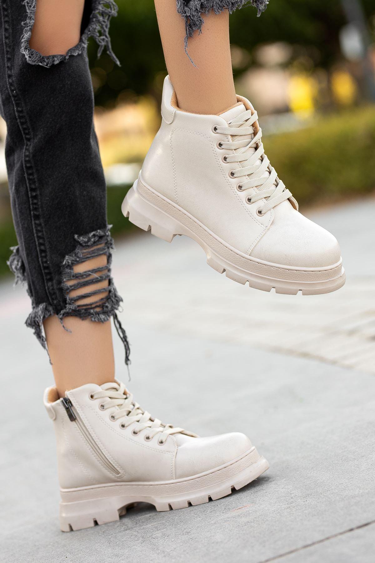 Cream Skin Short Lace Detail Women's Boots - STREETMODE™