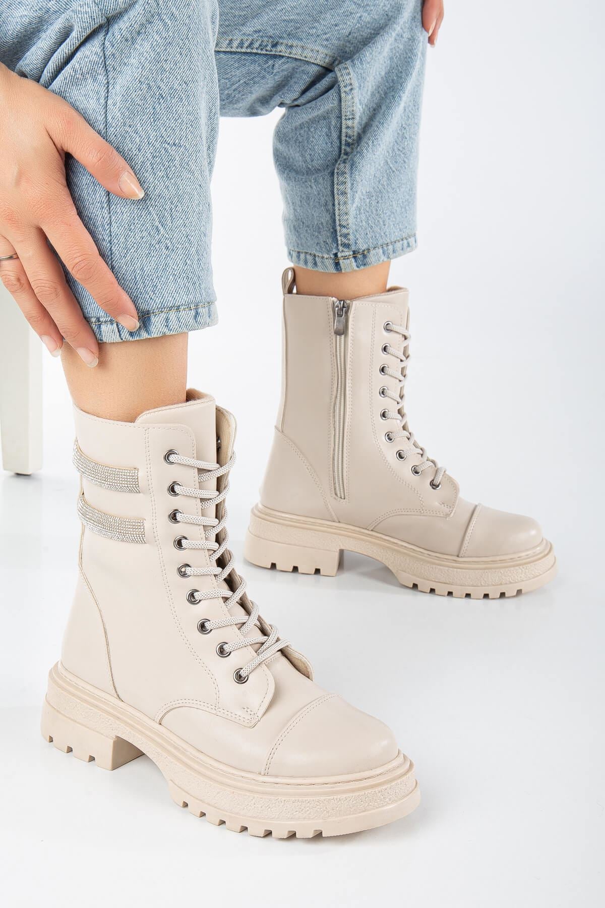 Cream Skin Stone Detailed Lace-Up Women's Boots - STREETMODE™