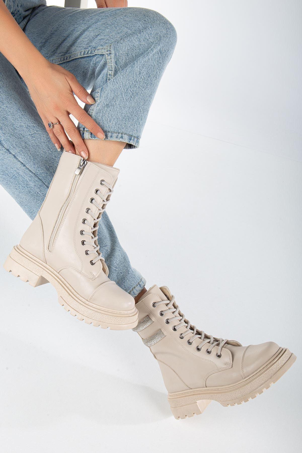 Cream Skin Stone Detailed Lace-Up Women's Boots - STREETMODE™