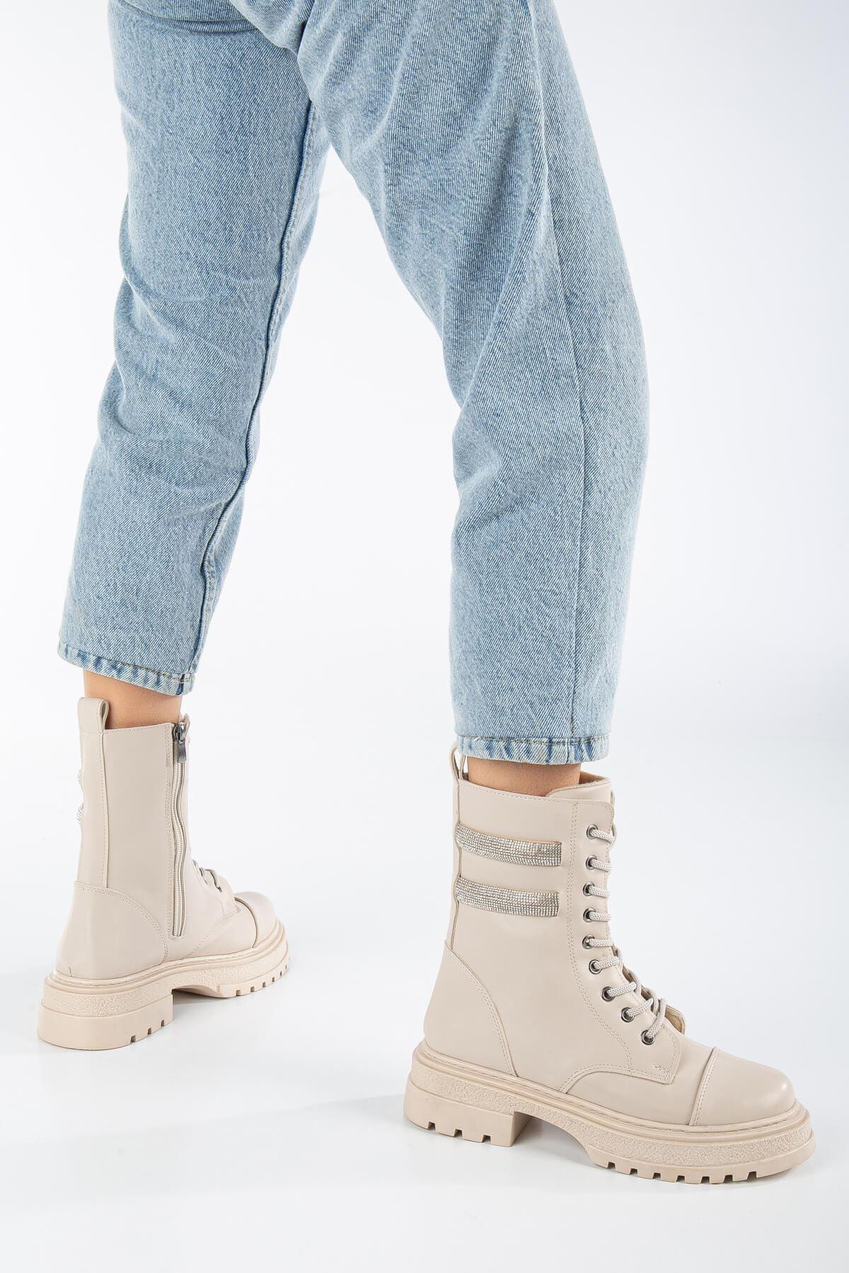 Cream Skin Stone Detailed Lace-Up Women's Boots - STREETMODE™