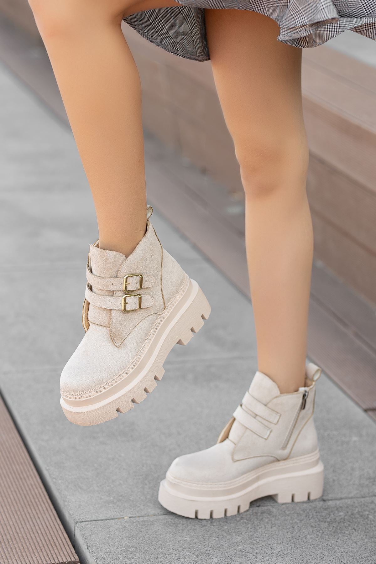 Cream Suede High Heel Detailed Lace-Up Women's Boots - STREETMODE™