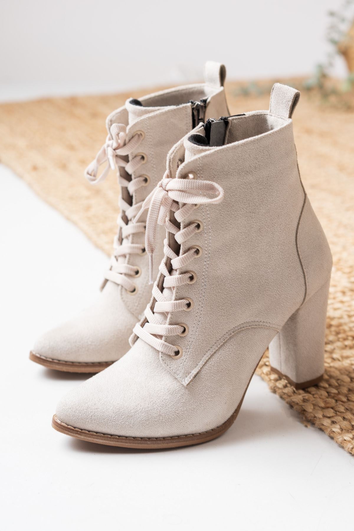 Cream Suede High Heel Lace-Up Detailed Women's Boots - STREETMODE™