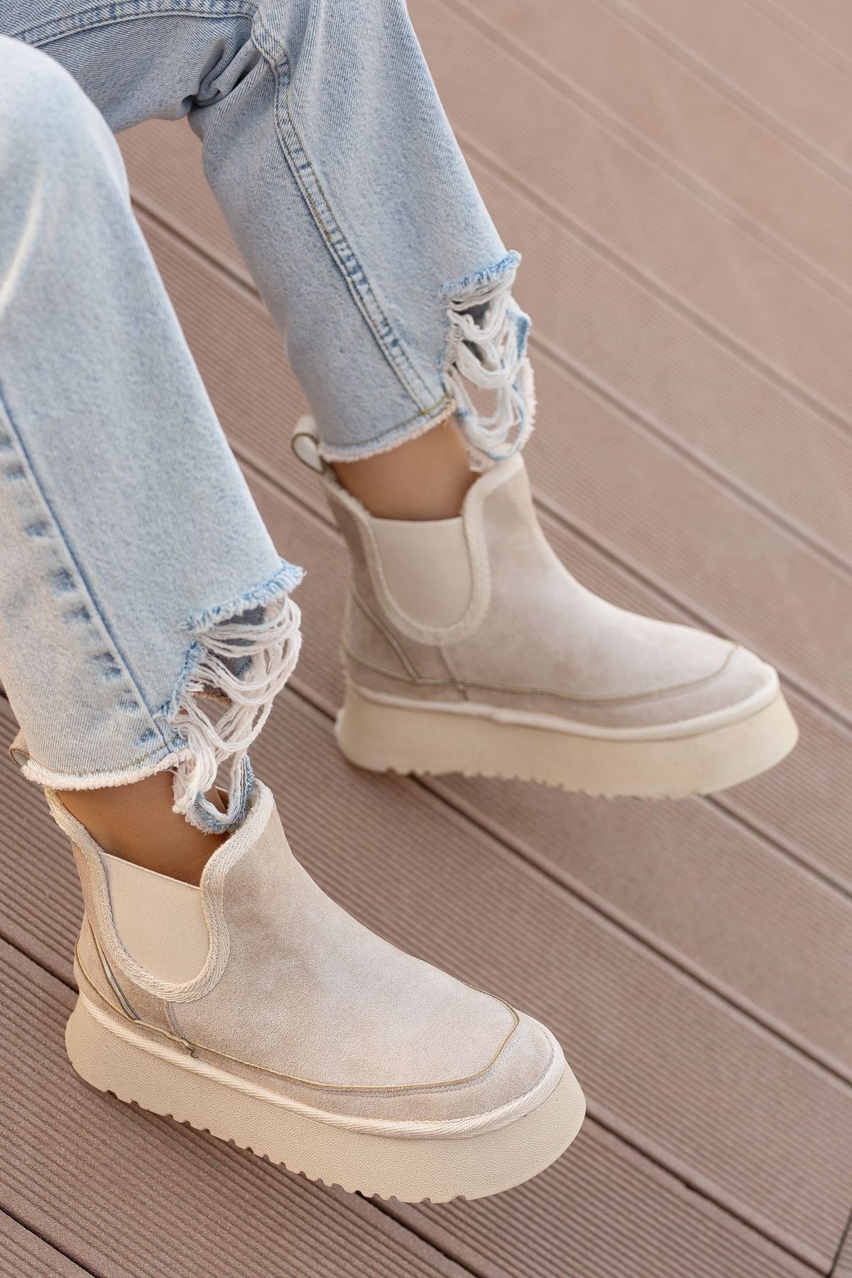 Cream Suede High Heel Rubber Detailed Women's Boots - STREETMODE™