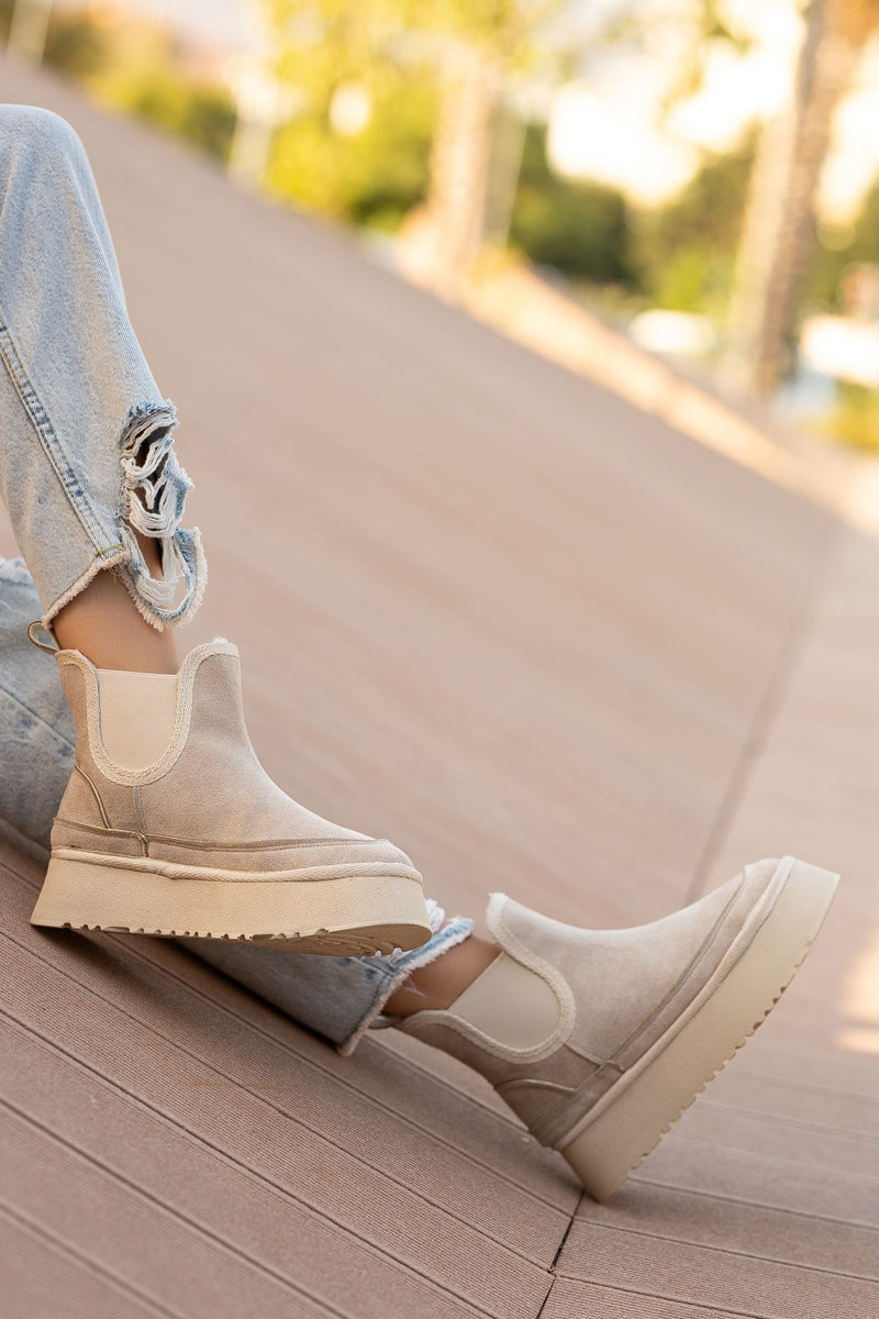 Cream Suede High Heel Rubber Detailed Women's Boots - STREETMODE™