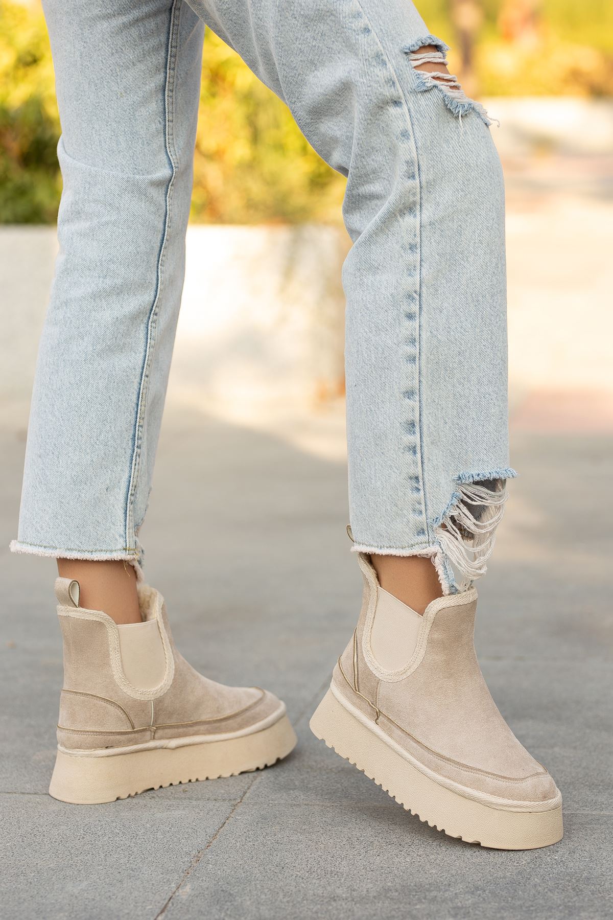 Cream Suede High Heel Rubber Detailed Women's Boots - STREETMODE™