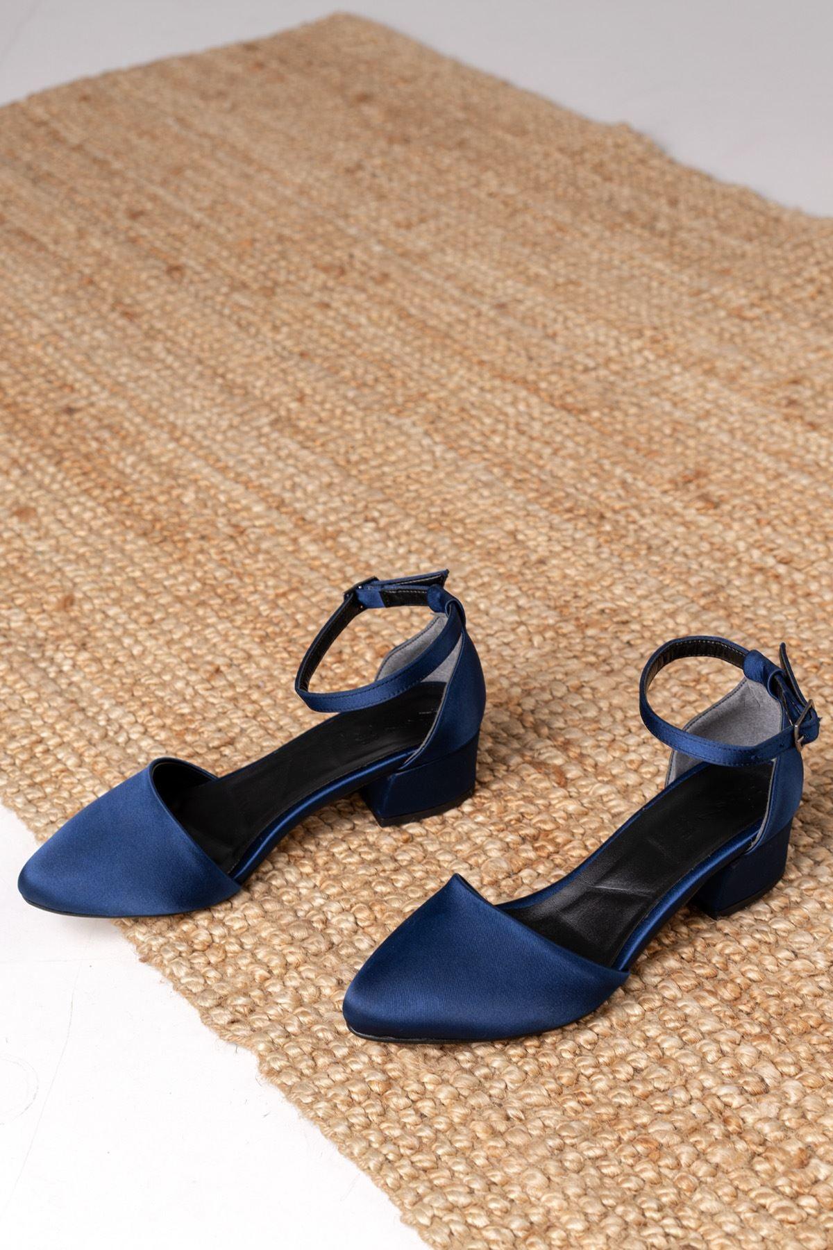 Dary Heeled Navy Blue Satin Detailed Heeled Shoes - STREETMODE™