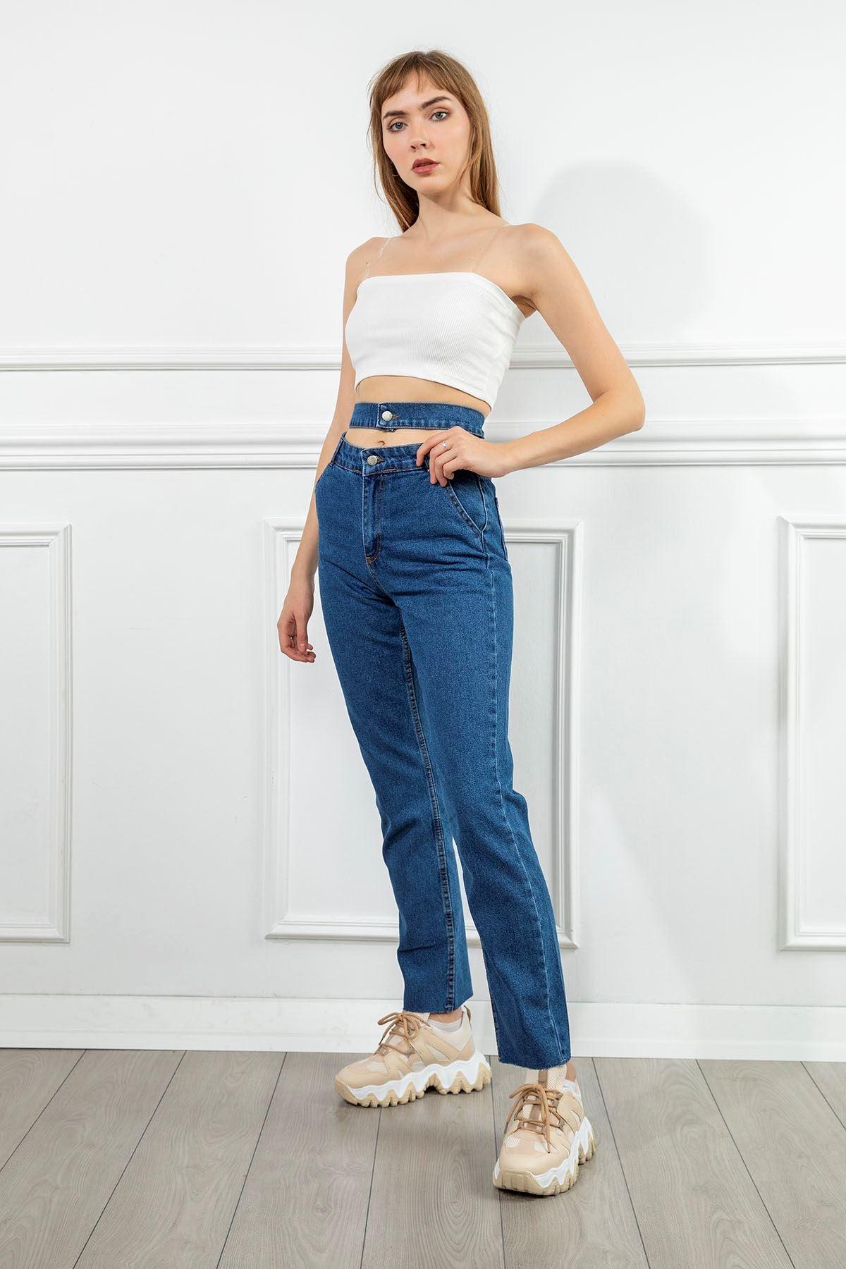 Denim Fabric Ankle Length Double Belt Women'S Trouser - Light Blue - STREETMODE™