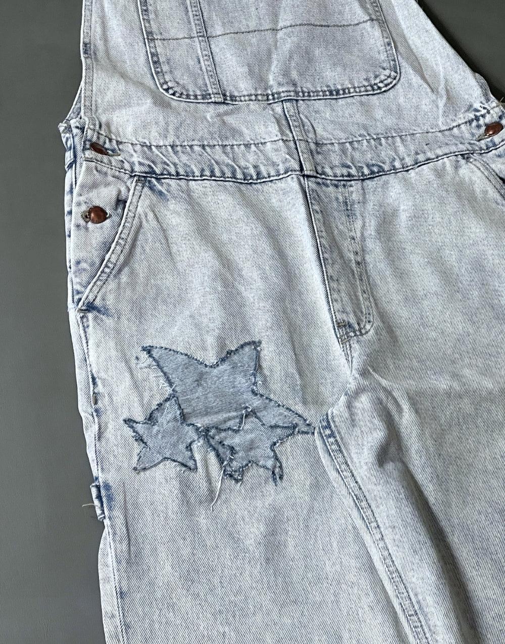 Denim Overalls Blue Starry Patch Unisex Baggy Salopet - STREETMODE™