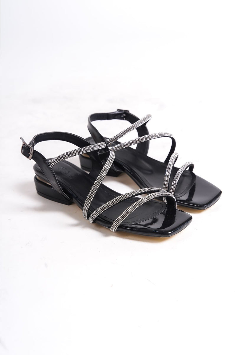 Dilan Women's Stone Striped Open Back Black Heeled Shoes - STREETMODE™