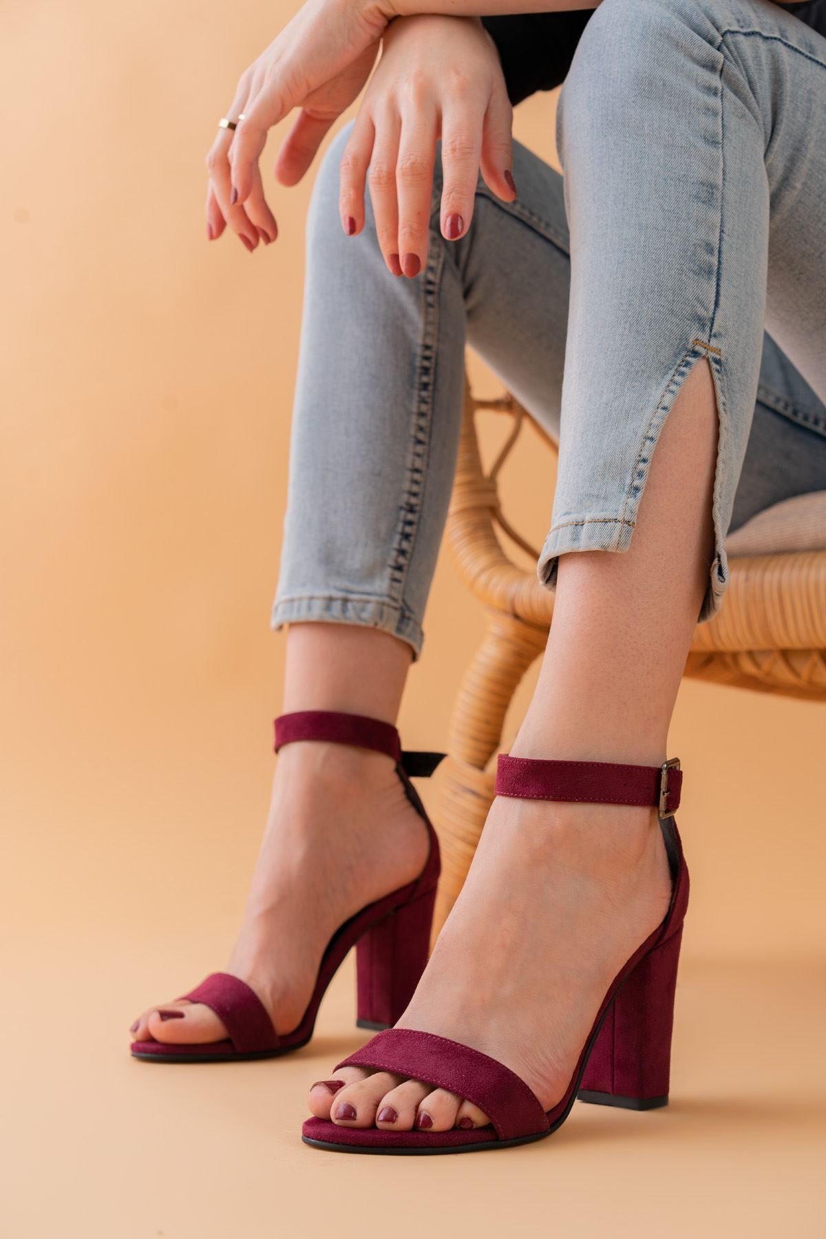 evdokia Women's Claret Red Suede Heeled Shoes - STREETMODE™