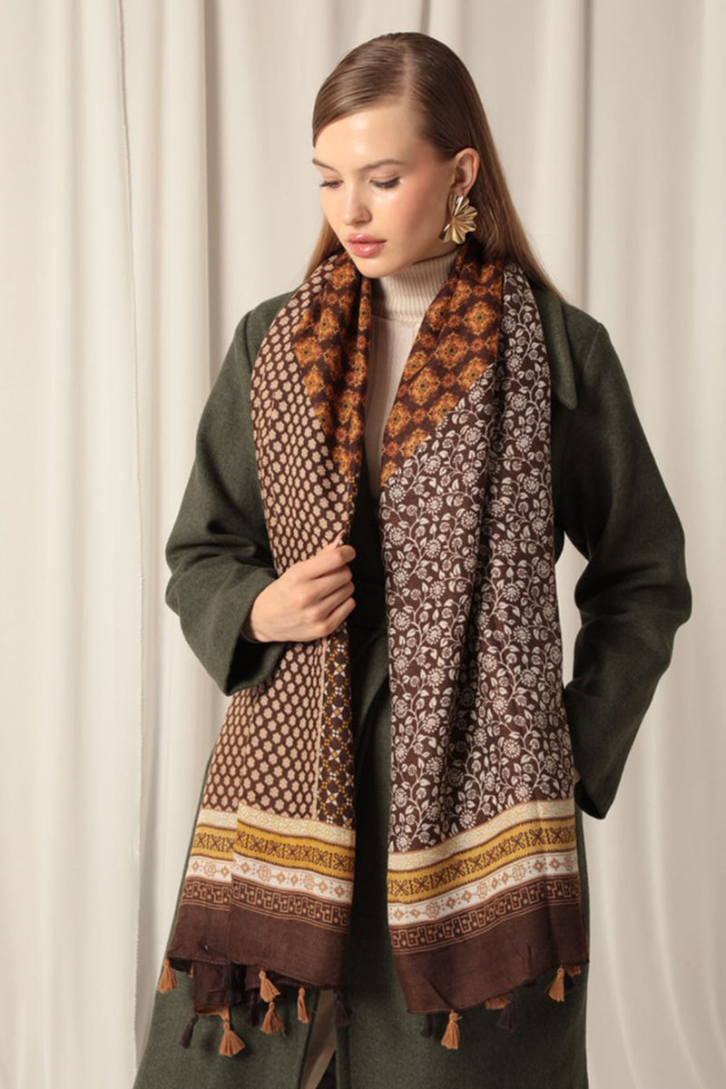 Ethnic Patterned Tassel Women's Camel Shawl - STREETMODE™