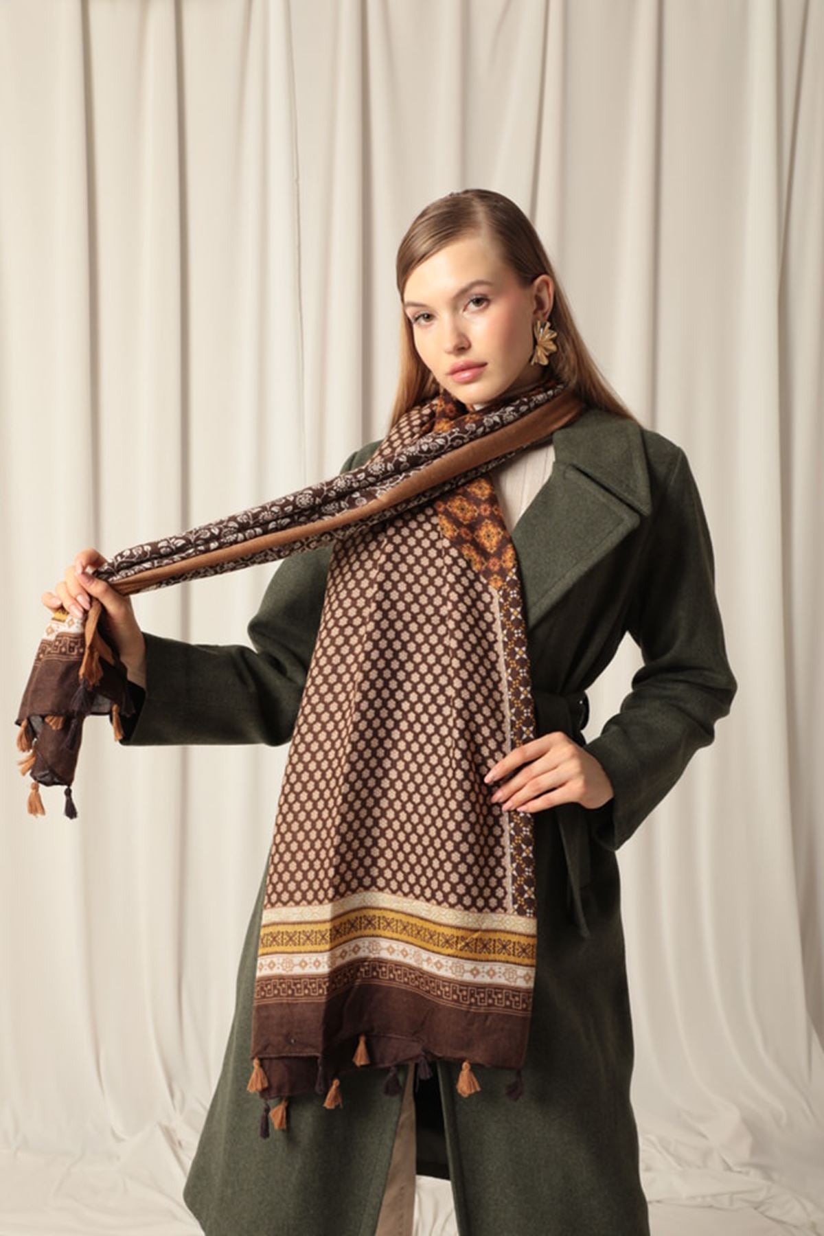 Ethnic Patterned Tassel Women's Camel Shawl - STREETMODE™