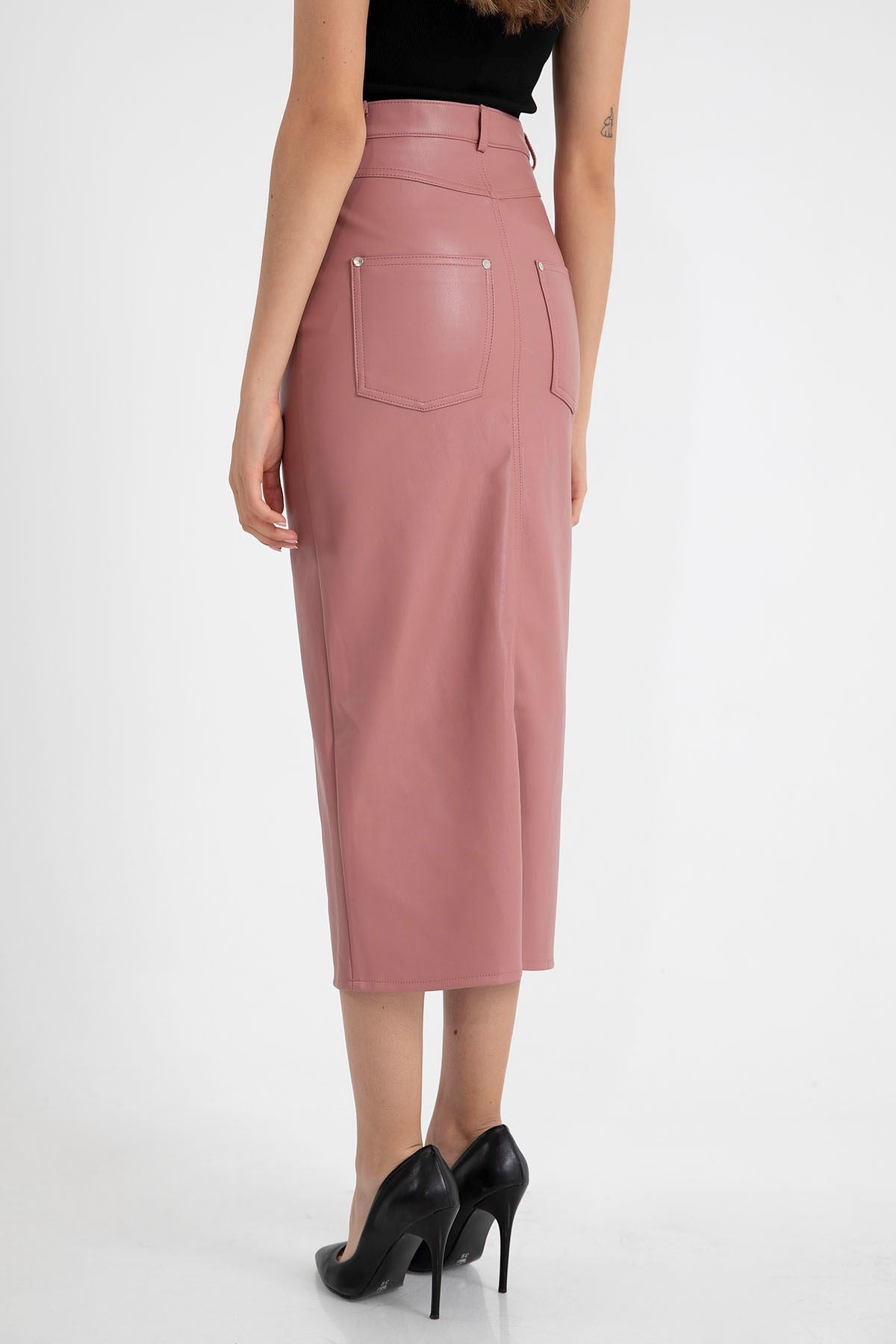 Faux Leather Tight Fit Slit Midi Skirt - Light Pink - STREETMODE™