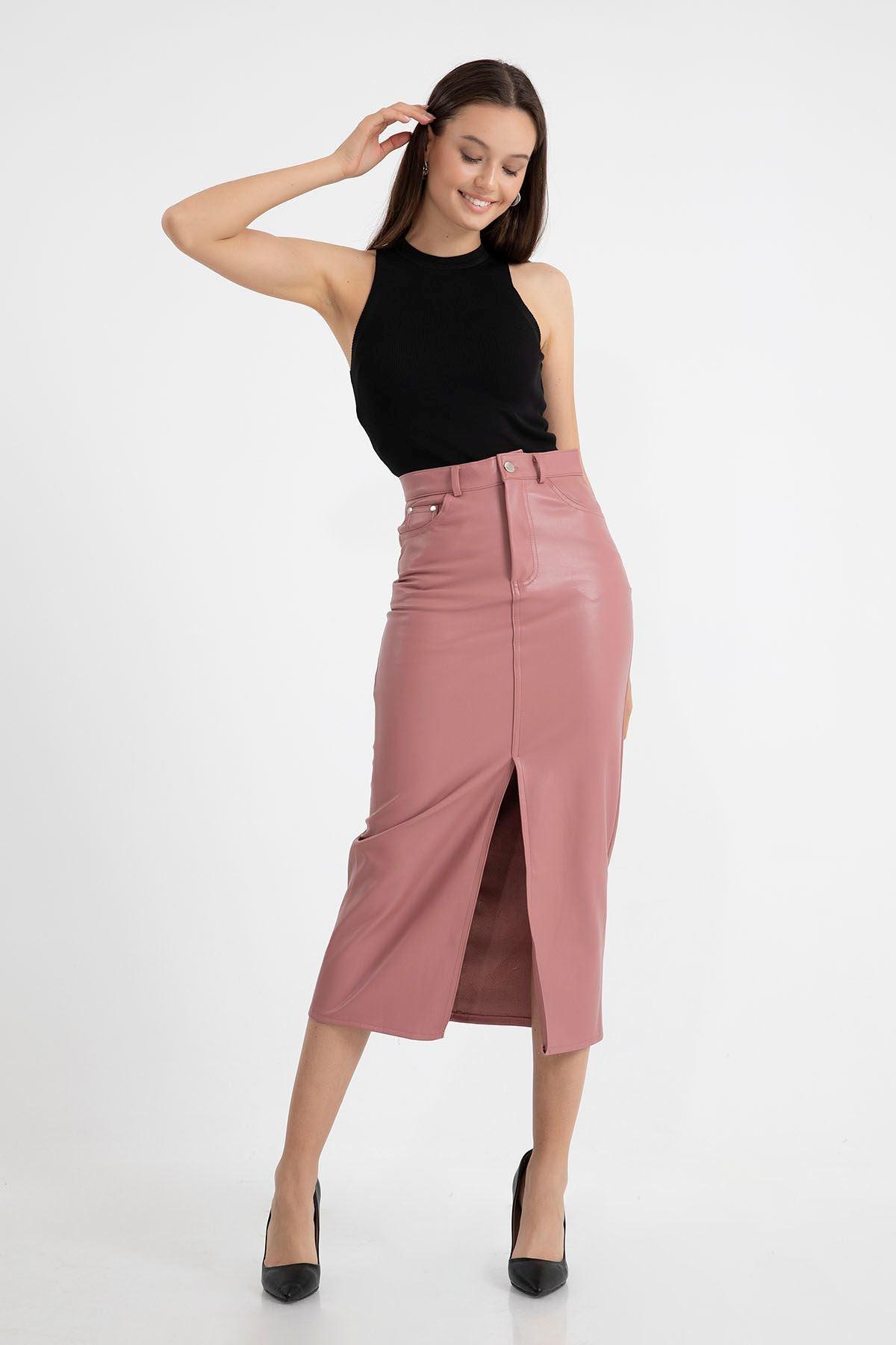 Faux Leather Tight Fit Slit Midi Skirt - Light Pink - STREETMODE™