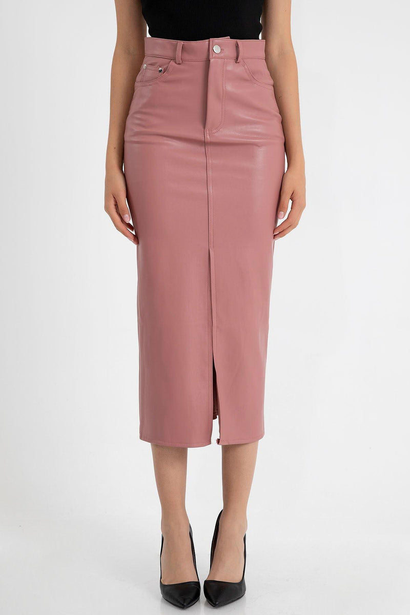 Faux Leather Tight Fit Slit Midi Skirt - Light Pink - STREETMODE™