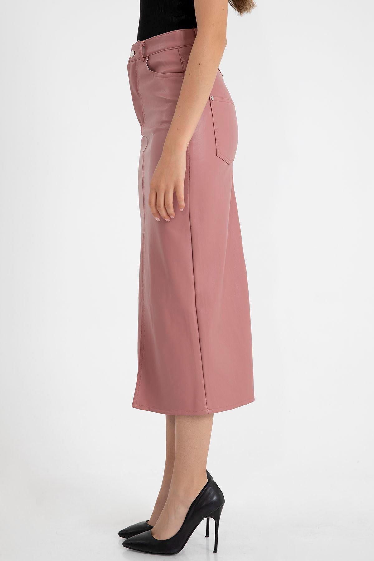 Faux Leather Tight Fit Slit Midi Skirt - Light Pink - STREETMODE™