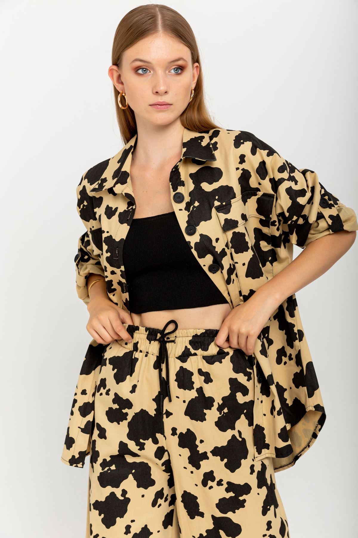 Gabardine Fabric Long Sleeve Shirt Collar Oversize Cow Print Women Jacket - Beige - STREETMODE™